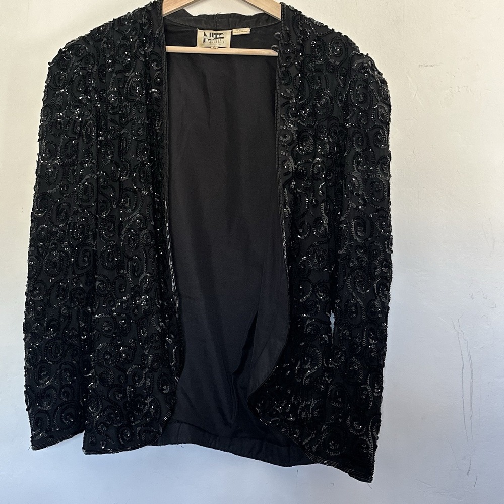 Vtg Niteline Jacket Womens Large Black Sequin Silk Open Front Beaded 80s Glam